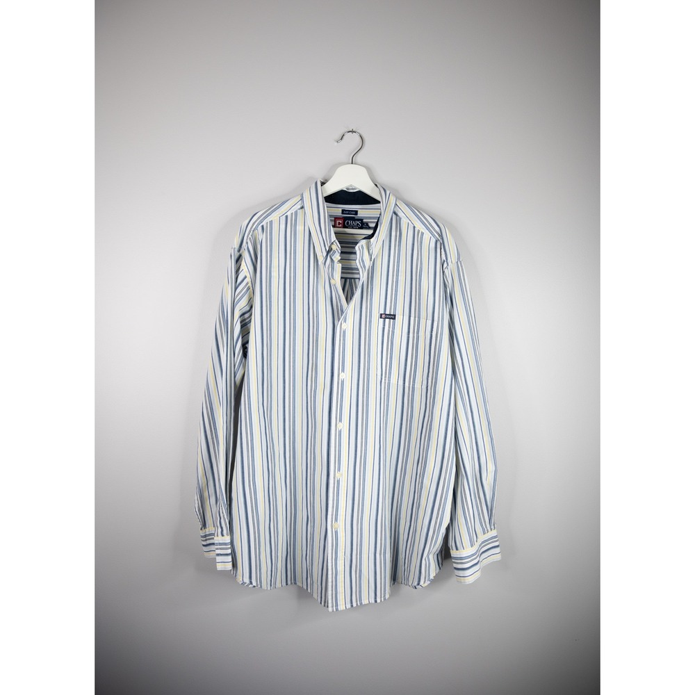 Chaps Button Down Shirt‎ Mens XL Blue White Yellow Easy Care Striped Work Casual